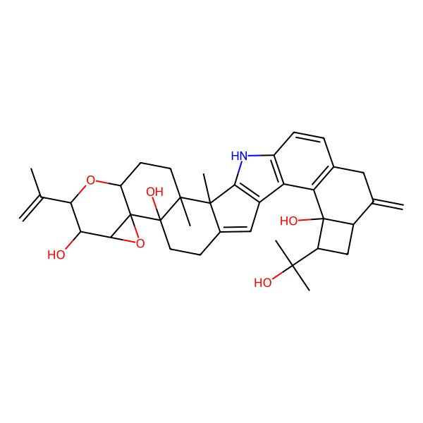 2D Structure of (2S,3R,6S,8R,9S,10R,12R,13S,21S,22R,24R)-22-(2-hydroxypropan-2-yl)-2,3-dimethyl-25-methylidene-8-prop-1-en-2-yl-7,11-dioxa-31-azanonacyclo[16.13.0.02,16.03,13.06,12.010,12.019,30.020,27.021,24]hentriaconta-1(18),16,19(30),20(27),28-pentaene-9,13,21-triol