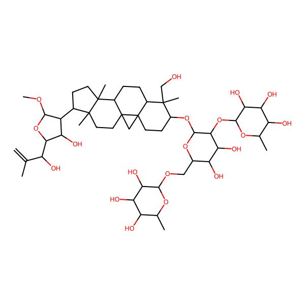 2D Structure of (2R,3R,4R,5R,6S)-2-[[(2R,3S,4S,5R,6R)-3,4-dihydroxy-6-[[(1S,3R,6S,7S,8R,11S,12S,15R,16R)-15-[(3S,4R,5S)-4-hydroxy-5-[(1R)-1-hydroxy-2-methylprop-2-enyl]-2-methoxyoxolan-3-yl]-7-(hydroxymethyl)-7,12,16-trimethyl-6-pentacyclo[9.7.0.01,3.03,8.012,16]octadecanyl]oxy]-5-[(2S,3R,4R,5R,6S)-3,4,5-trihydroxy-6-methyloxan-2-yl]oxyoxan-2-yl]methoxy]-6-methyloxane-3,4,5-triol