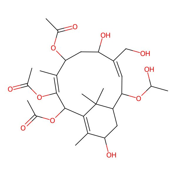 2D Structure of [(2R,3E,5R,7S,8E,10S,11R,13S)-2,3-diacetyloxy-7,13-dihydroxy-10-[(1R)-1-hydroxyethoxy]-8-(hydroxymethyl)-4,14,15,15-tetramethyl-5-bicyclo[9.3.1]pentadeca-1(14),3,8-trienyl] acetate
