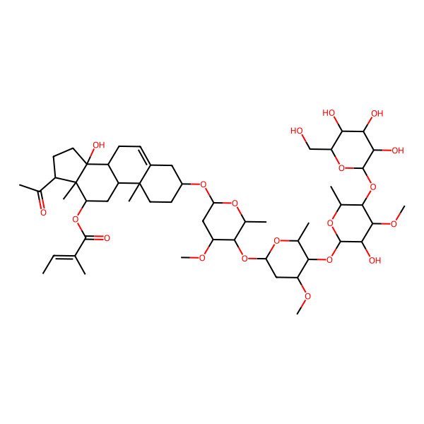 2D Structure of [17-Acetyl-14-hydroxy-3-[5-[5-[3-hydroxy-4-methoxy-6-methyl-5-[3,4,5-trihydroxy-6-(hydroxymethyl)oxan-2-yl]oxyoxan-2-yl]oxy-4-methoxy-6-methyloxan-2-yl]oxy-4-methoxy-6-methyloxan-2-yl]oxy-10,13-dimethyl-1,2,3,4,7,8,9,11,12,15,16,17-dodecahydrocyclopenta[a]phenanthren-12-yl] 2-methylbut-2-enoate