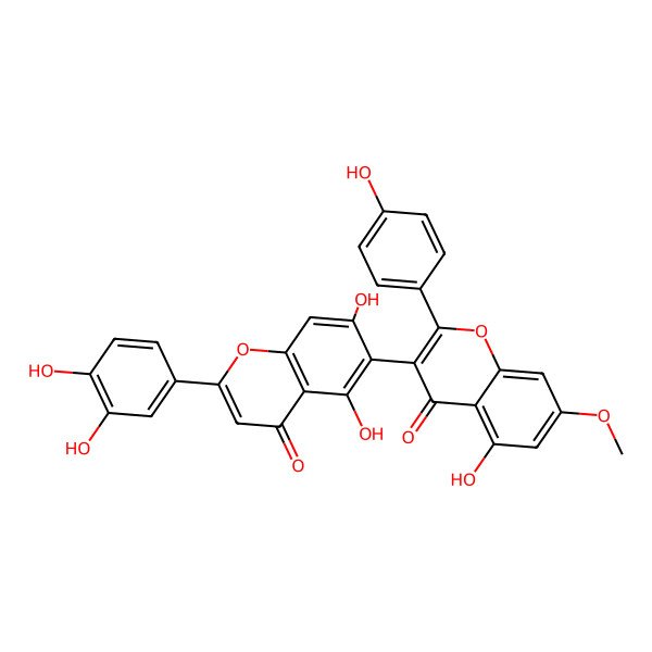 2D Structure of 3-[2-(3,4-Dihydroxyphenyl)-5,7-dihydroxy-4-oxochromen-6-yl]-5-hydroxy-2-(4-hydroxyphenyl)-7-methoxychromen-4-one