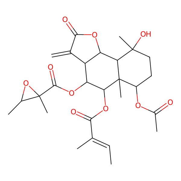 2D Structure of [(3aS,4S,5S,5aR,6R,9S,9aS,9bR)-6-acetyloxy-9-hydroxy-5a,9-dimethyl-5-[(Z)-2-methylbut-2-enoyl]oxy-3-methylidene-2-oxo-3a,4,5,6,7,8,9a,9b-octahydrobenzo[g][1]benzofuran-4-yl] (2S,3S)-2,3-dimethyloxirane-2-carboxylate