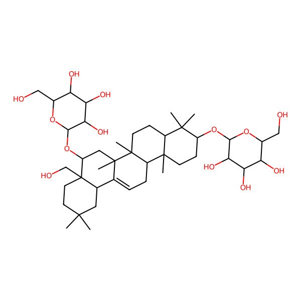 2D Structure of (2R,3R,4S,5S,6R)-2-[[(3S,4aR,6aR,6bS,8S,8aS,12aS,14aR,14bR)-8a-(hydroxymethyl)-4,4,6a,6b,11,11,14b-heptamethyl-8-[(2R,3R,4S,5S,6R)-3,4,5-trihydroxy-6-(hydroxymethyl)oxan-2-yl]oxy-1,2,3,4a,5,6,7,8,9,10,12,12a,14,14a-tetradecahydropicen-3-yl]oxy]-6-(hydroxymethyl)oxane-3,4,5-triol
