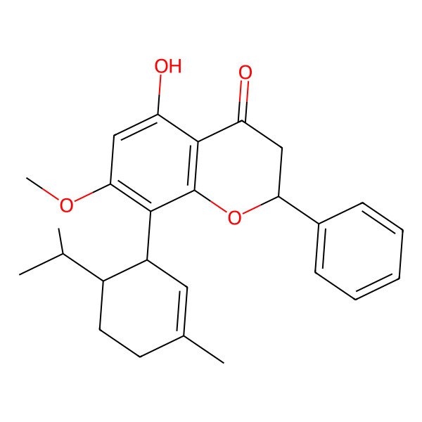 2D Structure of (2S)-5-hydroxy-7-methoxy-8-[(1S,6S)-3-methyl-6-propan-2-ylcyclohex-2-en-1-yl]-2-phenyl-2,3-dihydrochromen-4-one