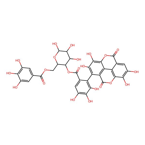 2D Structure of [(2R,3S,4R,5R,6R)-4,5,6-trihydroxy-2-[(3,4,5-trihydroxybenzoyl)oxymethyl]oxan-3-yl] 3,4,5-trihydroxy-2-(6,7,13,14-tetrahydroxy-3,10-dioxo-2,9-dioxatetracyclo[6.6.2.04,16.011,15]hexadeca-1(15),4(16),5,7,11,13-hexaen-5-yl)benzoate