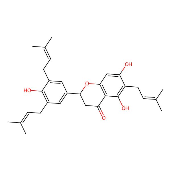 2D Structure of (2R)-5,7-dihydroxy-2-[4-hydroxy-3,5-bis(3-methylbut-2-enyl)phenyl]-6-(3-methylbut-2-enyl)-2,3-dihydrochromen-4-one