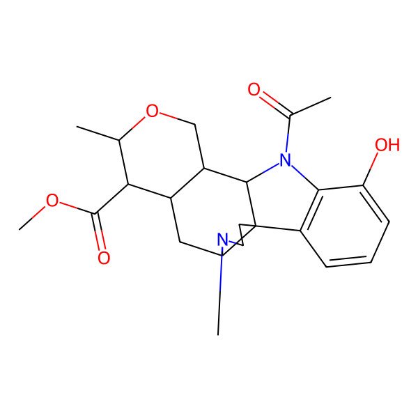 2D Structure of methyl (1R,5S,7R,8R,9R,12R,13S)-14-acetyl-16-hydroxy-4,9-dimethyl-10-oxa-4,14-diazapentacyclo[11.7.0.01,5.07,12.015,20]icosa-15(20),16,18-triene-8-carboxylate