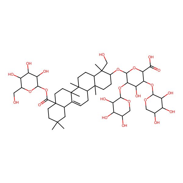 2D Structure of (2S,3S,4S,5R,6R)-6-[[(3S,4R,4aR,6aR,6bS,8aS,12aS,14aR,14bR)-4-(hydroxymethyl)-4,6a,6b,11,11,14b-hexamethyl-8a-[(2S,3R,4S,5S,6R)-3,4,5-trihydroxy-6-(hydroxymethyl)oxan-2-yl]oxycarbonyl-1,2,3,4a,5,6,7,8,9,10,12,12a,14,14a-tetradecahydropicen-3-yl]oxy]-4-hydroxy-3,5-bis[[(2S,3R,4S,5R)-3,4,5-trihydroxyoxan-2-yl]oxy]oxane-2-carboxylic acid