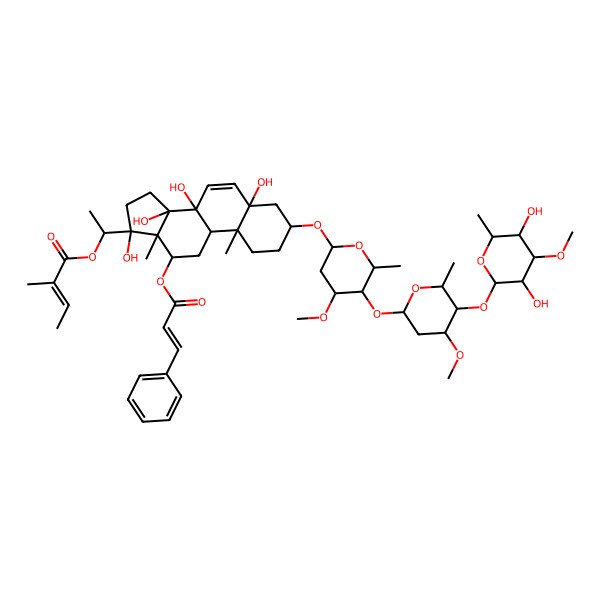 2D Structure of 1-[(3S,5S,8S,9R,10R,13R,14R,17S)-3-[(2R,4S,5R,6R)-5-[(2S,4R,5R,6R)-5-[(2S,3R,4S,5R,6R)-3,5-dihydroxy-4-methoxy-6-methyloxan-2-yl]oxy-4-methoxy-6-methyloxan-2-yl]oxy-4-methoxy-6-methyloxan-2-yl]oxy-5,8,14,17-tetrahydroxy-10,13-dimethyl-12-[(E)-3-phenylprop-2-enoyl]oxy-2,3,4,9,11,12,15,16-octahydro-1H-cyclopenta[a]phenanthren-17-yl]ethyl (E)-2-methylbut-2-enoate