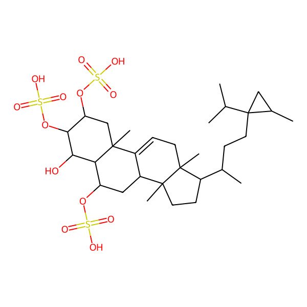 2D Structure of [(2S,3S,4R,5R,6S,8S,10S,13R,14S,17R)-4-hydroxy-10,13,14-trimethyl-17-[(2R)-4-(2-methyl-1-propan-2-ylcyclopropyl)butan-2-yl]-2,3-disulfooxy-1,2,3,4,5,6,7,8,12,15,16,17-dodecahydrocyclopenta[a]phenanthren-6-yl] hydrogen sulfate