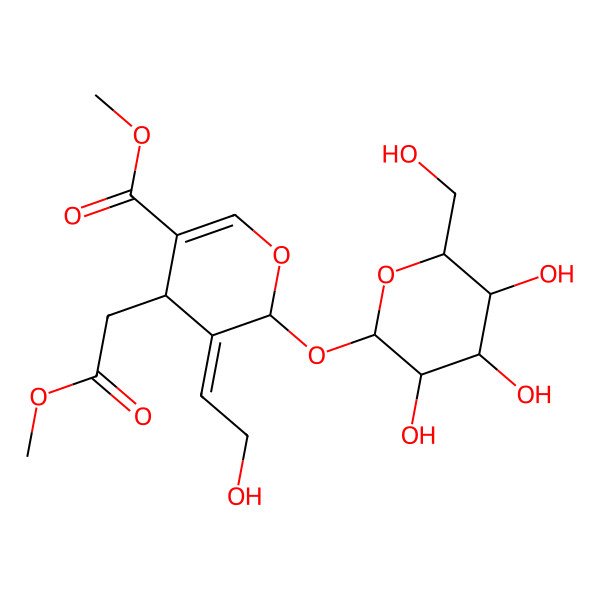2D Structure of methyl 5-(2-hydroxyethylidene)-4-(2-methoxy-2-oxoethyl)-6-[3,4,5-trihydroxy-6-(hydroxymethyl)oxan-2-yl]oxy-4H-pyran-3-carboxylate