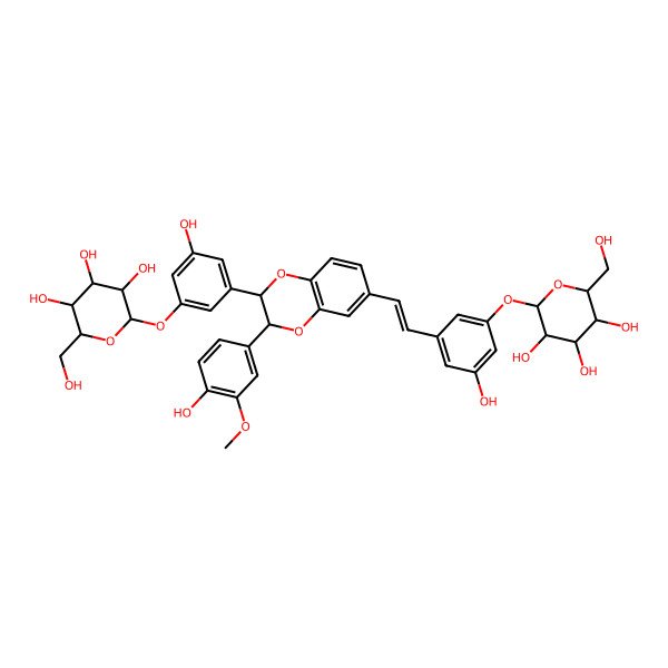 2D Structure of (2S,3R,4S,5S,6R)-2-[3-hydroxy-5-[(E)-2-[(2R,3R)-3-(4-hydroxy-3-methoxyphenyl)-2-[3-hydroxy-5-[(2S,3R,4S,5S,6R)-3,4,5-trihydroxy-6-(hydroxymethyl)oxan-2-yl]oxyphenyl]-2,3-dihydro-1,4-benzodioxin-6-yl]ethenyl]phenoxy]-6-(hydroxymethyl)oxane-3,4,5-triol