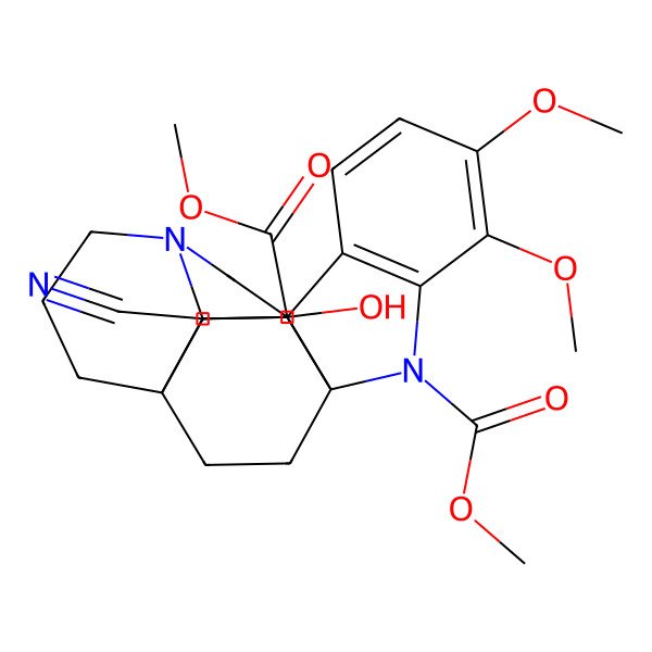 2D Structure of dimethyl (1S,9R,16R,18S,21S)-21-cyano-18-hydroxy-4,5-dimethoxy-2,12-diazahexacyclo[14.2.2.19,12.01,9.03,8.016,21]henicosa-3(8),4,6-triene-2,18-dicarboxylate