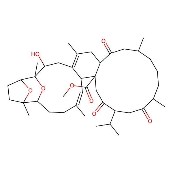 2D Structure of methyl (1R,2S,7S,10S,14R,17S,20S,21S,22E,26S,27S,30R)-2-hydroxy-1,5,10,14,23,27-hexamethyl-8,15,18-trioxo-17-propan-2-yl-31,32-dioxapentacyclo[24.4.1.127,30.04,21.07,20]dotriaconta-4,22-diene-20-carboxylate