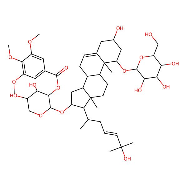 2D Structure of [4,5-dihydroxy-2-[[3-hydroxy-17-(6-hydroxy-6-methylhept-4-en-2-yl)-10,13-dimethyl-1-[3,4,5-trihydroxy-6-(hydroxymethyl)oxan-2-yl]oxy-2,3,4,7,8,9,11,12,14,15,16,17-dodecahydro-1H-cyclopenta[a]phenanthren-16-yl]oxy]oxan-3-yl] 3,4,5-trimethoxybenzoate