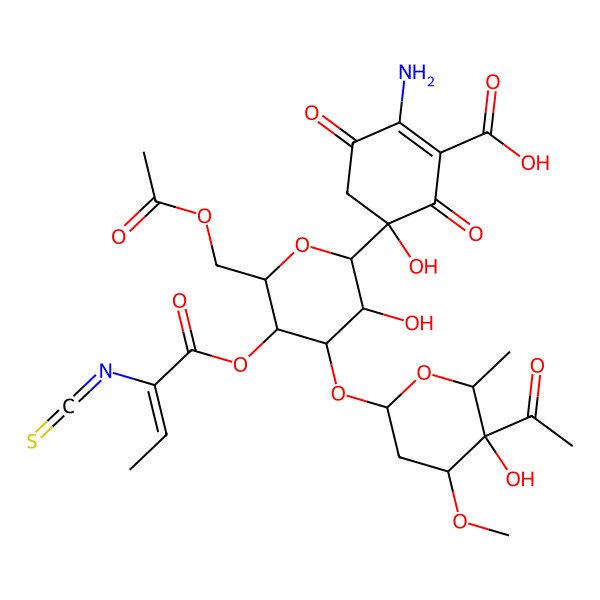 2D Structure of 5-[4-(5-acetyl-5-hydroxy-4-methoxy-6-methyloxan-2-yl)oxy-6-(acetyloxymethyl)-3-hydroxy-5-[(Z)-2-isothiocyanatobut-2-enoyl]oxyoxan-2-yl]-2-amino-5-hydroxy-3,6-dioxocyclohexene-1-carboxylic acid