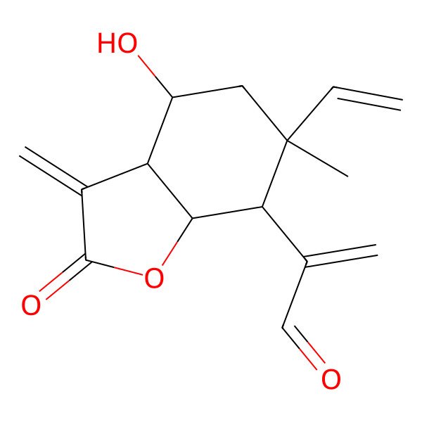 2D Structure of 2-[(3aR,4S,6S,7R,7aR)-6-ethenyl-4-hydroxy-6-methyl-3-methylidene-2-oxo-4,5,7,7a-tetrahydro-3aH-1-benzofuran-7-yl]prop-2-enal