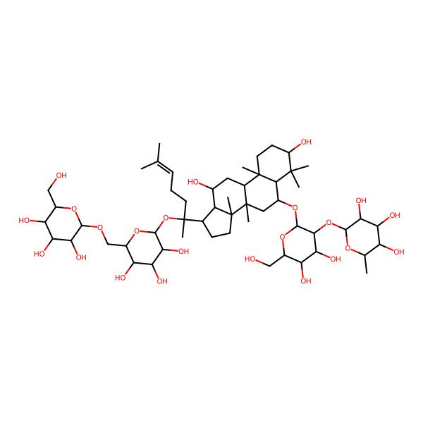 2D Structure of (2R,3R,4R,5R,6S)-2-[(2R,3R,4S,5S,6R)-2-[[(3S,5R,6S,8R,9R,10R,12R,13R,14R,17S)-3,12-dihydroxy-4,4,8,10,14-pentamethyl-17-[(2S)-6-methyl-2-[(2S,3R,4S,5S,6R)-3,4,5-trihydroxy-6-[[(2R,3R,4S,5S,6R)-3,4,5-trihydroxy-6-(hydroxymethyl)oxan-2-yl]oxymethyl]oxan-2-yl]oxyhept-5-en-2-yl]-2,3,5,6,7,9,11,12,13,15,16,17-dodecahydro-1H-cyclopenta[a]phenanthren-6-yl]oxy]-4,5-dihydroxy-6-(hydroxymethyl)oxan-3-yl]oxy-6-methyloxane-3,4,5-triol