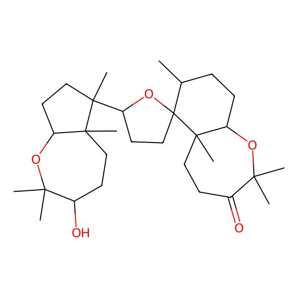 2D Structure of (5'S,5aR,6S,7S,9aS)-5'-[(3S,5aS,6S,8aS)-3-hydroxy-2,2,5a,6-tetramethyl-3,4,5,7,8,8a-hexahydrocyclopenta[b]oxepin-6-yl]-2,2,5a,7-tetramethylspiro[4,5,7,8,9,9a-hexahydrobenzo[b]oxepine-6,2'-oxolane]-3-one
