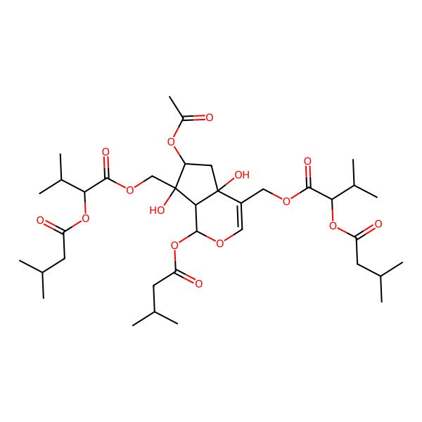 2D Structure of [6-Acetyloxy-4a,7-dihydroxy-1-(3-methylbutanoyloxy)-7-[[3-methyl-2-(3-methylbutanoyloxy)butanoyl]oxymethyl]-1,5,6,7a-tetrahydrocyclopenta[c]pyran-4-yl]methyl 3-methyl-2-(3-methylbutanoyloxy)butanoate