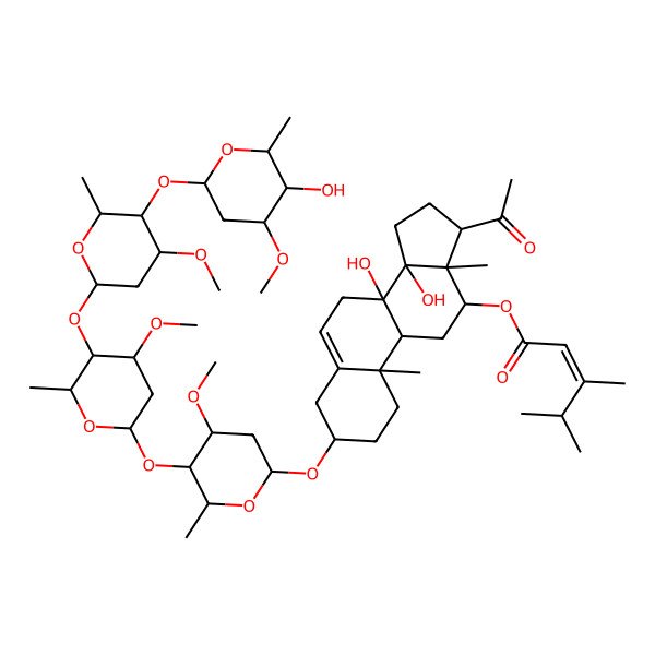 2D Structure of [(3S,8S,9R,10R,12R,13S,14R,17S)-17-acetyl-8,14-dihydroxy-3-[(2R,4S,5R,6R)-5-[(2S,4S,5R,6R)-5-[(2S,4R,5R,6R)-5-[(2S,4R,5R,6R)-5-hydroxy-4-methoxy-6-methyloxan-2-yl]oxy-4-methoxy-6-methyloxan-2-yl]oxy-4-methoxy-6-methyloxan-2-yl]oxy-4-methoxy-6-methyloxan-2-yl]oxy-10,13-dimethyl-2,3,4,7,9,11,12,15,16,17-decahydro-1H-cyclopenta[a]phenanthren-12-yl] (E)-3,4-dimethylpent-2-enoate