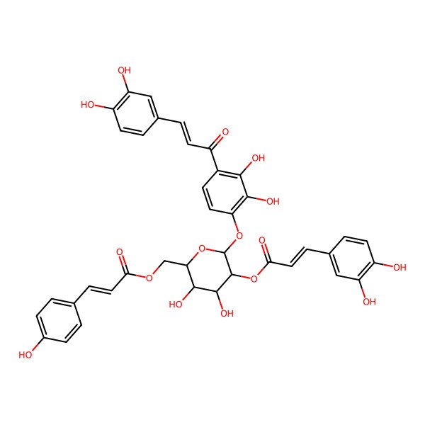 2D Structure of [(2R,3R,4S,5R,6S)-6-[4-[(E)-3-(3,4-dihydroxyphenyl)prop-2-enoyl]-2,3-dihydroxyphenoxy]-5-[(E)-3-(3,4-dihydroxyphenyl)prop-2-enoyl]oxy-3,4-dihydroxyoxan-2-yl]methyl (E)-3-(4-hydroxyphenyl)prop-2-enoate