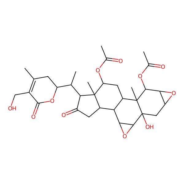 2D Structure of [10-Acetyloxy-5-hydroxy-16-[1-[5-(hydroxymethyl)-4-methyl-6-oxo-2,3-dihydropyran-2-yl]ethyl]-11,15-dimethyl-17-oxo-3,8-dioxahexacyclo[10.7.0.02,4.05,11.07,9.015,19]nonadecan-14-yl] acetate