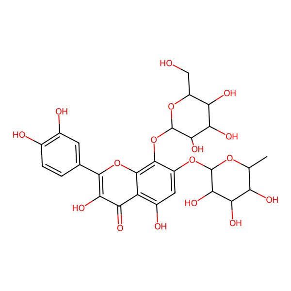 2D Structure of 2-(3,4-Dihydroxyphenyl)-3,5-dihydroxy-8-[3,4,5-trihydroxy-6-(hydroxymethyl)oxan-2-yl]oxy-7-(3,4,5-trihydroxy-6-methyloxan-2-yl)oxychromen-4-one