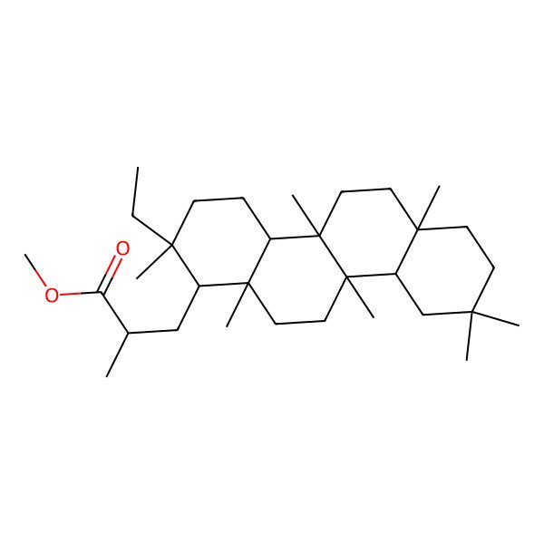 2D Structure of methyl (2S)-3-[(1R,2S,4aS,4bR,6aR,10aS,10bS,12aS)-2-ethyl-2,4b,6a,9,9,10b,12a-heptamethyl-1,3,4,4a,5,6,7,8,10,10a,11,12-dodecahydrochrysen-1-yl]-2-methylpropanoate