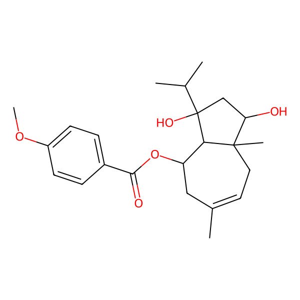 2D Structure of [(1R,3R,3aS,4S,8aR)-1,3-dihydroxy-6,8a-dimethyl-3-propan-2-yl-1,2,3a,4,5,8-hexahydroazulen-4-yl] 4-methoxybenzoate