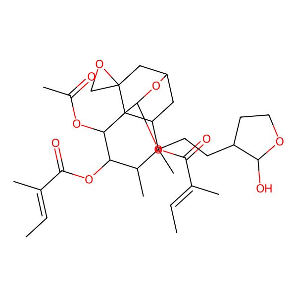 2D Structure of [(1R,2R,3R,4S,5S,6R,8R,10R,11R)-2-acetyloxy-5-[2-[(3S)-2-hydroxyoxolan-3-yl]ethyl]-4,5-dimethyl-10-[(E)-2-methylbut-2-enoyl]oxyspiro[9-oxatricyclo[6.2.2.01,6]dodecane-11,2'-oxirane]-3-yl] (E)-2-methylbut-2-enoate