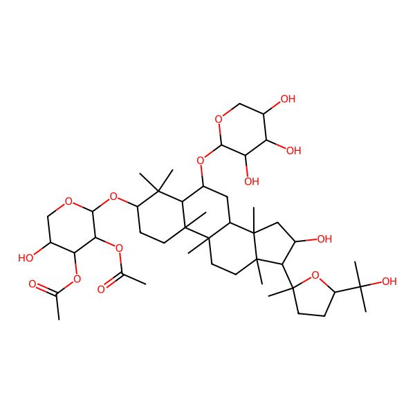 2D Structure of [(2S,3R,4S,5R)-3-acetyloxy-5-hydroxy-2-[[(3S,5R,6S,8R,9R,10S,13R,14S,16S,17R)-16-hydroxy-17-[(2R,5S)-5-(2-hydroxypropan-2-yl)-2-methyloxolan-2-yl]-4,4,9,10,13,14-hexamethyl-6-[(2S,3R,4S,5R)-3,4,5-trihydroxyoxan-2-yl]oxy-1,2,3,5,6,7,8,11,12,15,16,17-dodecahydrocyclopenta[a]phenanthren-3-yl]oxy]oxan-4-yl] acetate