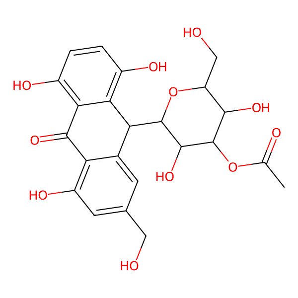 2D Structure of [(2R,3R,4R,5S,6S)-3,5-dihydroxy-2-(hydroxymethyl)-6-[(9R)-1,4,5-trihydroxy-7-(hydroxymethyl)-10-oxo-9H-anthracen-9-yl]oxan-4-yl] acetate