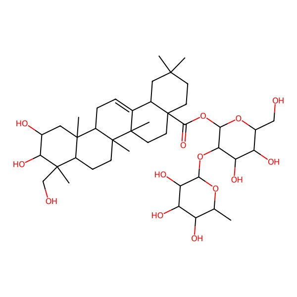 2D Structure of [(2S,3R,4S,5S,6R)-4,5-dihydroxy-6-(hydroxymethyl)-3-[(2S,3R,4R,5R,6S)-3,4,5-trihydroxy-6-methyloxan-2-yl]oxyoxan-2-yl] (4aS,6aR,6aS,6bR,8aR,9R,10R,11R,12aR,14bS)-10,11-dihydroxy-9-(hydroxymethyl)-2,2,6a,6b,9,12a-hexamethyl-1,3,4,5,6,6a,7,8,8a,10,11,12,13,14b-tetradecahydropicene-4a-carboxylate