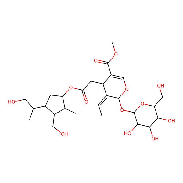 2D Structure of methyl (4S,5E,6S)-5-ethylidene-4-[2-[(1S,2R,3S,4S)-3-(hydroxymethyl)-4-[(2S)-1-hydroxypropan-2-yl]-2-methylcyclopentyl]oxy-2-oxoethyl]-6-[(2S,3R,4S,5S,6R)-3,4,5-trihydroxy-6-(hydroxymethyl)oxan-2-yl]oxy-4H-pyran-3-carboxylate