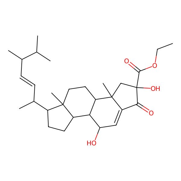 2D Structure of ethyl (2S,3aR,3bS,5aR,6R,8aS,8bS,9R)-6-[(E,2R,5R)-5,6-dimethylhept-3-en-2-yl]-2,9-dihydroxy-3a,5a-dimethyl-1-oxo-3,3b,4,5,6,7,8,8a,8b,9-decahydroindeno[5,4-e]indene-2-carboxylate