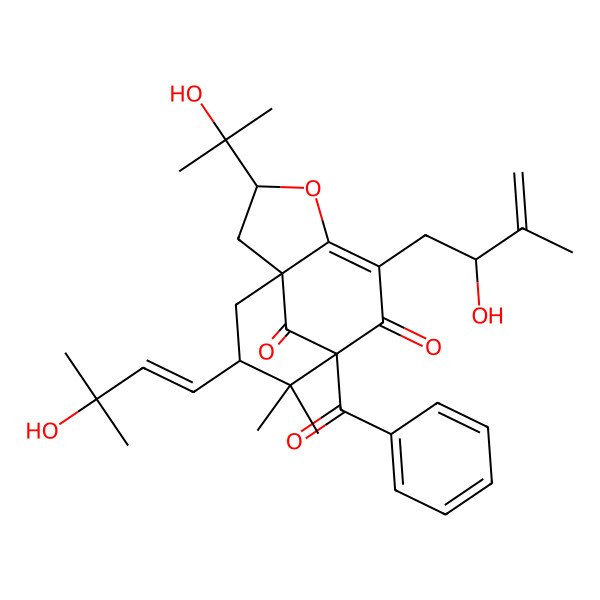 2D Structure of 8-Benzoyl-6-(2-hydroxy-3-methylbut-3-enyl)-10-(3-hydroxy-3-methylbut-1-enyl)-3-(2-hydroxypropan-2-yl)-9,9-dimethyl-4-oxatricyclo[6.3.1.01,5]dodec-5-ene-7,12-dione