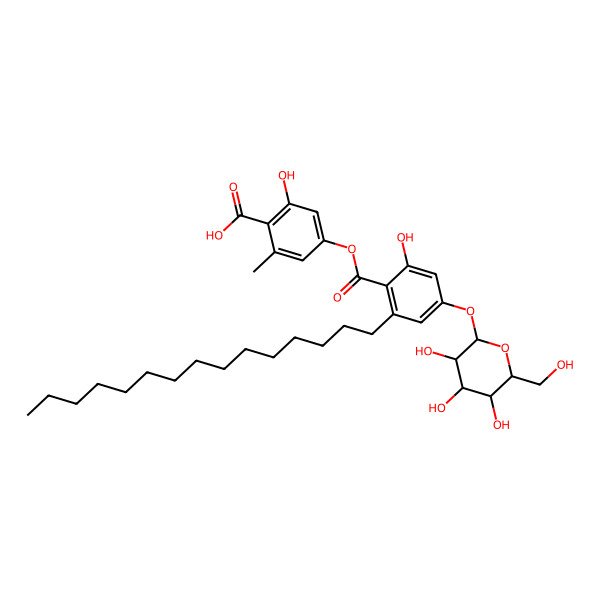 2D Structure of 2-Hydroxy-4-[2-hydroxy-6-pentadecyl-4-[3,4,5-trihydroxy-6-(hydroxymethyl)oxan-2-yl]oxybenzoyl]oxy-6-methylbenzoic acid