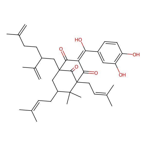 2D Structure of (1R,5S,7R)-3-[(3,4-dihydroxyphenyl)-hydroxymethylidene]-6,6-dimethyl-5,7-bis(3-methylbut-2-enyl)-1-[(2R)-5-methyl-2-prop-1-en-2-ylhex-5-enyl]bicyclo[3.3.1]nonane-2,4,9-trione