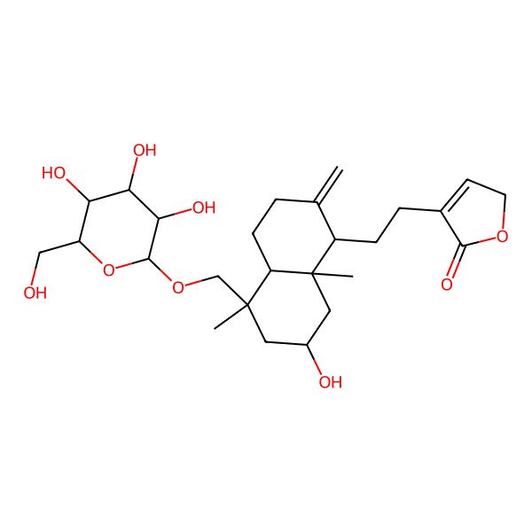 2D Structure of 4-[2-[7-hydroxy-5,8a-dimethyl-2-methylidene-5-[[3,4,5-trihydroxy-6-(hydroxymethyl)oxan-2-yl]oxymethyl]-3,4,4a,6,7,8-hexahydro-1H-naphthalen-1-yl]ethyl]-2H-furan-5-one