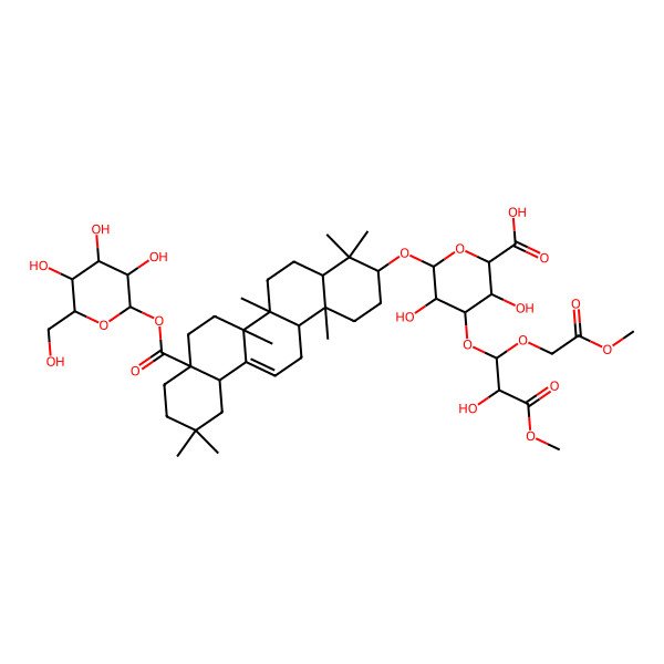 2D Structure of (2S,3S,4S,5R,6R)-6-[[(3S,4aR,6aR,6bS,8aS,12aS,14aR,14bR)-4,4,6a,6b,11,11,14b-heptamethyl-8a-[(2S,3R,4S,5S,6R)-3,4,5-trihydroxy-6-(hydroxymethyl)oxan-2-yl]oxycarbonyl-1,2,3,4a,5,6,7,8,9,10,12,12a,14,14a-tetradecahydropicen-3-yl]oxy]-3,5-dihydroxy-4-[(1S,2R)-2-hydroxy-3-methoxy-1-(2-methoxy-2-oxoethoxy)-3-oxopropoxy]oxane-2-carboxylic acid