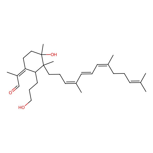 2D Structure of 2-[4-Hydroxy-2-(3-hydroxypropyl)-3,4-dimethyl-3-(4,8,12-trimethyltrideca-3,5,7,11-tetraenyl)cyclohexylidene]propanal