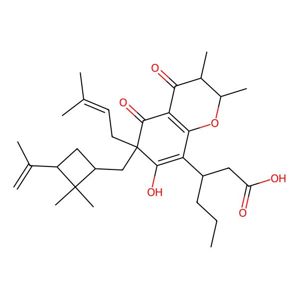 2D Structure of 3-[6-[(2,2-Dimethyl-3-prop-1-en-2-ylcyclobutyl)methyl]-7-hydroxy-2,3-dimethyl-6-(3-methylbut-2-enyl)-4,5-dioxo-2,3-dihydrochromen-8-yl]hexanoic acid