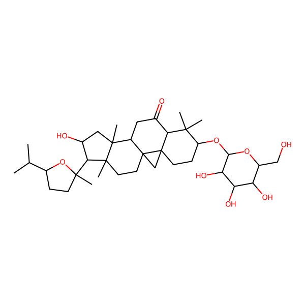2D Structure of (1S,3R,8R,11S,12S,14S,15R,16R)-14-hydroxy-7,7,12,16-tetramethyl-15-[(2S)-2-methyl-5-propan-2-yloxolan-2-yl]-6-[(2R,3R,4S,5S,6R)-3,4,5-trihydroxy-6-(hydroxymethyl)oxan-2-yl]oxypentacyclo[9.7.0.01,3.03,8.012,16]octadecan-9-one
