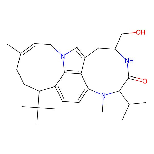 2D Structure of 7-Tert-butyl-16-(hydroxymethyl)-4,12-dimethyl-13-propan-2-yl-1,12,15-triazatetracyclo[16.2.1.08,20.011,19]henicosa-3,8(20),9,11(19),18(21)-pentaen-14-one