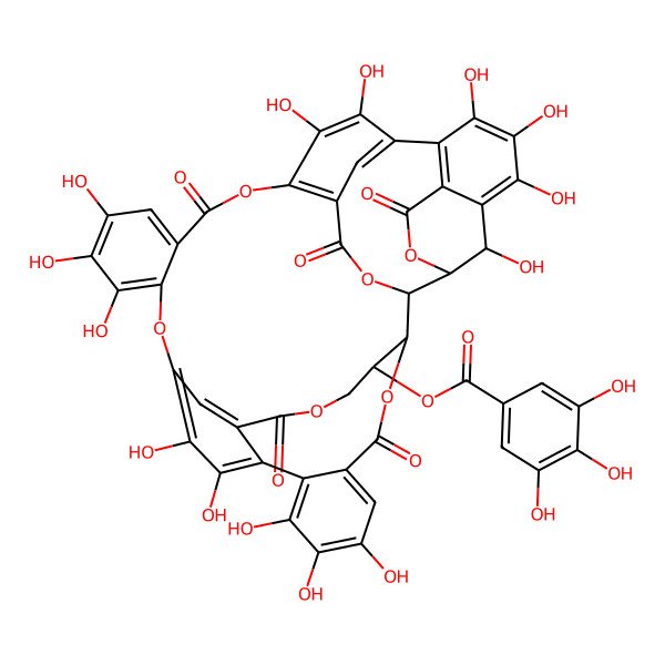 2D Structure of (8,9,10,13,14,20,21,22,26,27,30,31,32,47-Tetradecahydroxy-5,17,35,40,45-pentaoxo-4,16,24,36,39,46-hexaoxanonacyclo[23.11.6.42,12.13,7.06,11.018,23.028,41.029,34.015,44]heptatetraconta-6(11),7,9,12(43),13,15(44),18,20,22,25,27,29,31,33,41-pentadecaen-37-yl) 3,4,5-trihydroxybenzoate