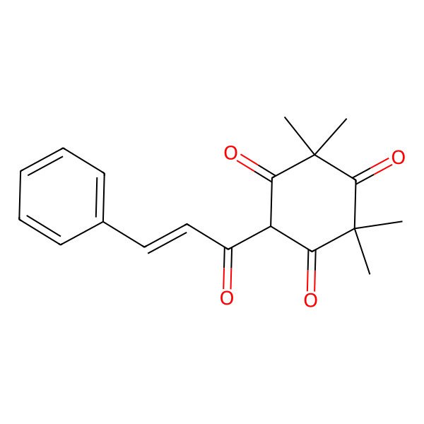 2D Structure of 2,2,4-trimethyl-6-(1-oxo-3-phenylprop-2-enyl)cyclohexane-1,3,5-trione, enol form (champanone B)