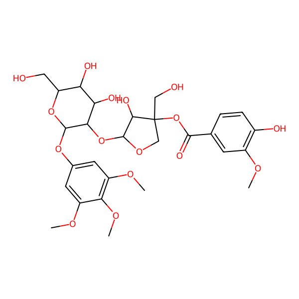 2D Structure of [(3R,4R,5S)-5-[(2S,3R,4S,5S,6R)-4,5-dihydroxy-6-(hydroxymethyl)-2-(3,4,5-trimethoxyphenoxy)oxan-3-yl]oxy-4-hydroxy-3-(hydroxymethyl)oxolan-3-yl] 4-hydroxy-3-methoxybenzoate