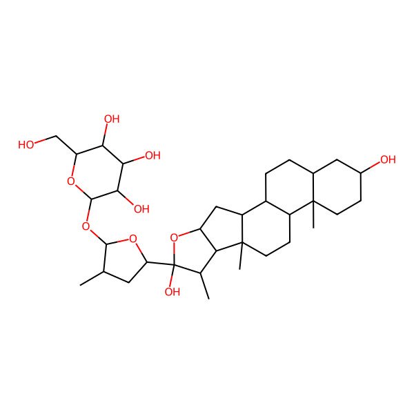 2D Structure of (2S,3R,4S,5R,6R)-2-[(2S,3R,5R)-5-[(1R,2S,4S,6S,7S,8R,9S,12S,13S,16S,18S)-6,16-dihydroxy-7,9,13-trimethyl-5-oxapentacyclo[10.8.0.02,9.04,8.013,18]icosan-6-yl]-3-methyloxolan-2-yl]oxy-6-(hydroxymethyl)oxane-3,4,5-triol