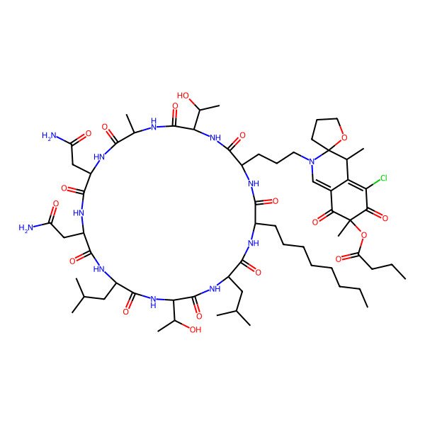 2D Structure of [2-[3-[11,14-bis(2-amino-2-oxoethyl)-5,20-bis(1-hydroxyethyl)-8-methyl-17,23-bis(2-methylpropyl)-26-octyl-3,6,9,12,15,18,21,24,27-nonaoxo-1,4,7,10,13,16,19,22,25-nonazacycloheptacos-2-yl]propyl]-5-chloro-4,7-dimethyl-6,8-dioxospiro[4H-isoquinoline-3,2'-oxolane]-7-yl] butanoate